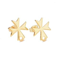 Real 24K Gold Plated 304 Stainless Steel Stud Earring Findings, with 201 Stainless Steel Ear Nuts, Cross, Real 24K Gold Plated, 15x13mm, Hole: 1.7mm, Pin: 0.8mm