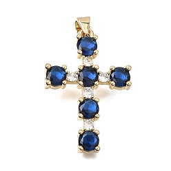 Blue Brass Pave Cubic Zirconia Pendants, Cross with Round Charms, Long-Lasting Plated, Cadmium Free & Lead Free, Real 18K Gold Plated, Blue, 31.5x21x4mm, Hole: 4x3.5mm