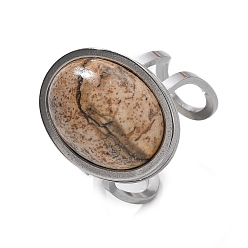 Пейзажный Джаспер Овальные натуральные картины яшмы перстни, 304 открытые манжеты из нержавеющей стали для женщин, овальный : 21.5x16.5 mm, внутренний диаметр: регулируемый