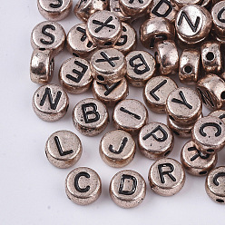 Rose Gold Plated Plating Acrylic Beads, Horizontal Hole, Flat Round with Random Initial Letter, Rose Gold Plated, 7x3.5mm, Hole: 1.5mm, about 3650pcs/500g