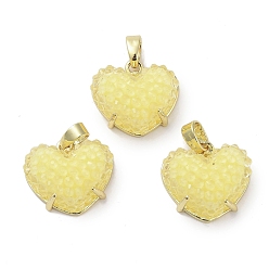 Желтый Подвески в форме сердечек из смолы друзы, Покрытие стойки из настоящей 18k позолоченной латуни, подвески в форме сердца любви, долговечный, без кадмия и без свинца, желтые, 13.5x15.5x7 мм, отверстие : 3.3x5.2 мм