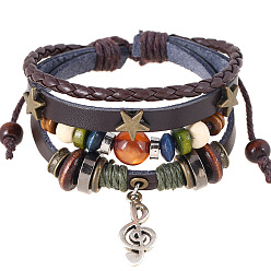 Coconut Brown Leater Braided Multi-strand Bracelet with Alloy Musical Note Charms, Natural Mixed Gemstone Beaded Bracelet for Men Women, Coconut Brown, 6-3/4 inch(17cm)