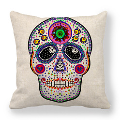 Polka Dot Flax Pillow Covers, Bohemian Style Sugar Skull Pattern Cushion Cover, for Couch Sofa Bed, Square, Polka Dot Pattern, 450x450mm