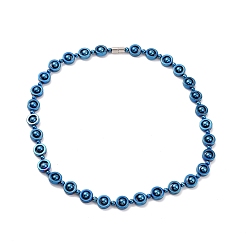 Blue Synthetic Hematite & Brass Column Beaded Necklace with Magnetic Clasps, Gemstone Jewelry for Men Women, Blue, 19-7/8 inch(50.5cm)