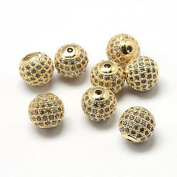 Golden Rack Plating Brass Cubic Zirconia Beads, Long-Lasting Plated, Round, Golden, 9.5~10x9~9.5mm, Hole: 2mm