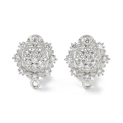 Platinum Flower Brass Micro Pave Cubic Zirconia Stud Earrings Finding, with Horizontal Loops, Cadmium Free & Lead Free, Platinum, 18x15.5mm, Hole: 1.6mm, Pin: 0.8mm