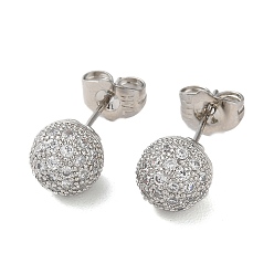 Platinum Brass Rhinestone Stud Earrings, Round Ball, Platinum, 8mm