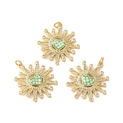 Светло-зеленый Подвески «Солнце с сердцем» из латуни с микропаве и цирконием, с эмалью и ракушкой, долговечный, без свинца и без кадмия, реальный 18 k позолоченный, с прыжковых колец, светло-зеленый, 28x26x4 мм, отверстие : 3 мм