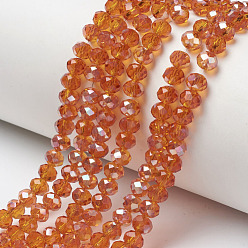 Dark Orange Electroplate Glass Beads Strands, Half Plated, Rainbow Plated, Faceted, Rondelle, Dark Orange, 6x5mm, Hole: 1mm, about 85~88pcs/strand, 16.1~16.5 inch(41~42cm)