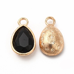 Black Faceted Glass Rhinestone Pendants, with Golden Tone Zinc Alloy Findings, Teardrop Charms, Black, 15x9x5mm, Hole: 2mm