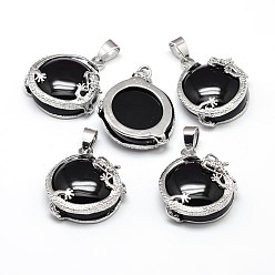 Black Agate Flat Round with Dragon Platinum Plated Brass Natural Black Agate Pendants, Cadmium Free & Lead Free, 26.5x24x9mm, Hole: 7x4mm