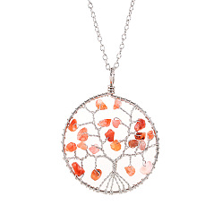 Carnelian Natural Carnelian Chips Beaded Tree of Life Pendant Necklaces, with Platinum Alloy Chains, 19.69 inch(50cm)