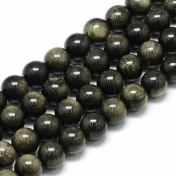 Golden Sheen Obsidian Natural Golden Sheen Obsidian Beads Strands, Round, 10x9.5mm, Hole: 1mm, about 38pcs/strand, 14.5 inch