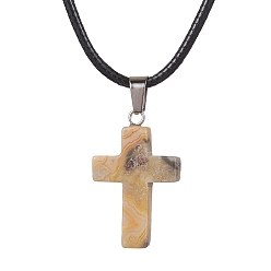 Crazy Agate Natural Crazy Agate Cross Pendant Necklaces, with Imitation Leather Cords, 17.80 inch(45.2cm)