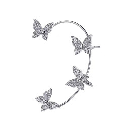 Platinum Crystal Rhinestone Butterfly Cuff Earrings, Alloy Climber Wrap Around Earrings for Non Piercing Left Ear, Platinum, 50mm