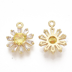 Gold Brass Micro Pave Cubic Zirconia Pendants, Real 18K Gold Plated, Chrysanthemum, Gold, 16.5x13x5mm, Hole: 1.5mm