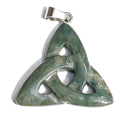 Indian Agate Saint Patrick's Day Natural Indian Agate Pendants, Triquetra Knot Charms with Platinum Plated Metal Snap on Bails, 34x6mm