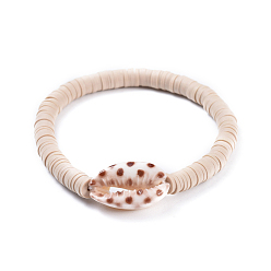 Bisque Stretch Bracelets, with Spray Paint Cowrie Shell Beads and Handmade Polymer Clay Heishi Beads, Bisque, 2 inch(5.2cm)