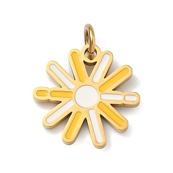 Солнце 304 нержавеющей стальной эмали подвески, золотые, солнечные чары, 17.5x17.5x2 мм, Перейти кольцо: 6x1 мм, внутренний диаметр: 3.5 мм
