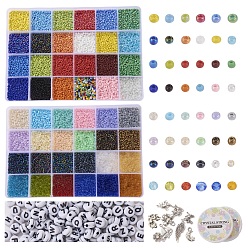 Mixed Color DIY Colorful Jewelry Kits for Children's Day, Including 48 Colors Glass Seed Beads, 250Pcs Alphabet Acrylic Beads, 2 Rolls Elastic Crystal Thread and 10Pcs Alloy Pendants, Mixed Color, Box: 19x13x2.2cm