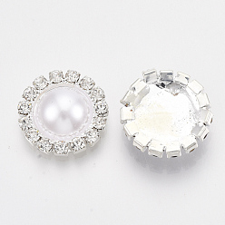 Crystal ABS Plastic Imitation Pearl Cabochons, with Glass Rhinestone and Silver Color Plated Brass Findings, Half Round/Dome, Crystal, 15.5x5mm