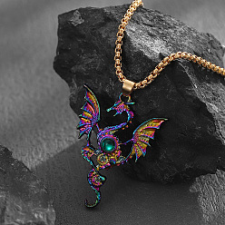 Rainbow Color Подвеска из цинкового сплава с зеленым стеклом на цепочке, динозавр, Радуга цветов, 23.62 дюйм (60 см)