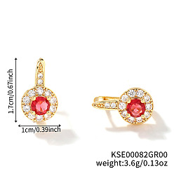 Красный Элегантный европейский и американский стиль, плоские круглые серьги-кольца из латуни с кубическим цирконием, золотые, красные, 17x10 мм