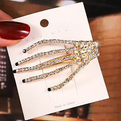 Jet Gothic Halloween Alloy Rhinestone Skeleton Hand Alligator Hair Clips, Hair Accessories for Women, with Iron Findings, Jet, 64x38x17mm