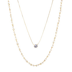 golden Fashionable Layered Chain Necklace with 6-Claw Zirconia and Pearl Beads - Versatile