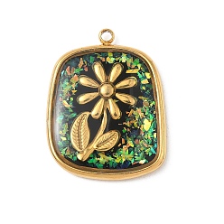 Черный 304 подвески из нержавеющей стали, эпоксидной смолы, с натуральными ракушками и пайетками внутри, прямоугольник с цветочными подвесками, реальный 18 k позолоченный, вакуумное покрытие pvd, чёрные, 23x18x3 мм, отверстие : 1.5 мм