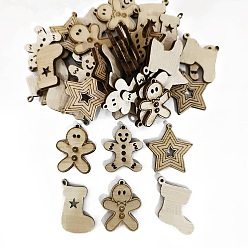BurlyWood Unfinished Wood Pendant Decorations, for Christmas Ornaments, Gingerbread Man/Star/Stocking, BurlyWood, 30mm, 50pcs/bag