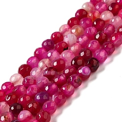 Camellia Natural Striped Agate/Banded Agate Beads Strands, Dyed & Heated, Faceted Round, Camellia, 12mm, Hole: 1.2mm, about 32pcs/strand, 15''(38.1cm)