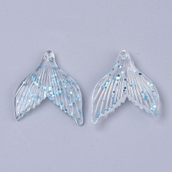 Light Sky Blue Transparent Resin Pendants, with Sequins/Paillette, Fishtail Shape, Light Sky Blue, 33x29x4.5mm, Hole: 1.6mm