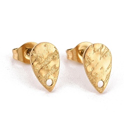 Golden Ion Plating(IP) 304 Stainless Steel Stud Earring Findings, with Hole, Textured Teardrop, Golden, 10x6mm, Hole: 1mm, Pin: 0.8mm