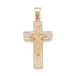 Golden Easter 304 Stainless Steel Big Pendants, with Crystal Rhinestone, Crucifix Cross, Golden, 53.5x30x7mm, Hole: 8x11.5mm