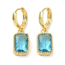 Deep Sky Blue Brass Glass Dangle Hoop Earrings for Women, Rectangle, Long-Lasting Plated, Rack Plating, Lead Free & Cadmium Free, Golden, Deep Sky Blue, 32x10mm