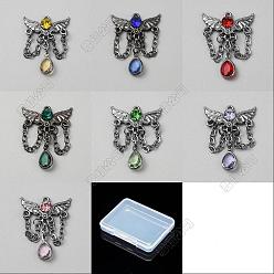 Mixed Color 14Pcs 7 Colors Alloy with Resin Rhinestone Pendants, Wing with Teardrop Charms, Gunmetal, Mixed Color, 30x22x4mm, Hole: 1.2mm, 2pcs/color