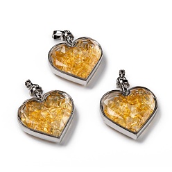 Citrine Glass Bottle Pendants, with Synthetic Citrine Chips and Platinum Plated Alloy Findings, Heart, 40x32.5x11mm, Hole: 8x5mm