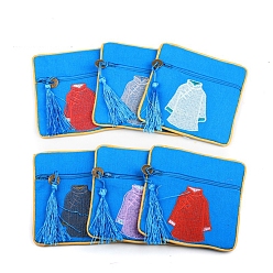 Dodger Blue Linen Cloth Embroidery Clothes Jewelry Storage Zipper Pouches with Tassel, for Earrings Rings Bracelets, Square, Random Pattern, Dodger Blue, 11.5x11.5cm