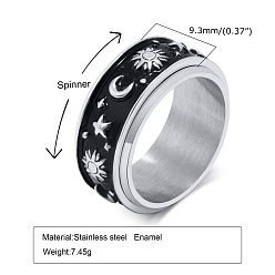 Stainless Steel Color Enamel Moon and Star Rotatable Finger Ring, Stainless Steel Fidget Spinner Ring for Calming Worry Meditation, Stainless Steel Color, Inner Diameter: 17.3mm