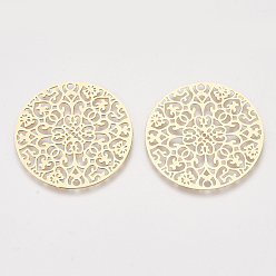 Light Gold Brass Filigree Joiners Links, Etched Metal Embellishments, Flat Round, Light Gold, 30x0.3mm, Hole: 1.6mm