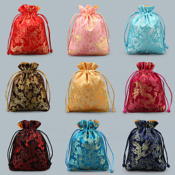 Random Color Chinese Style Silk Drawstring Jewelry Gift Bags, Jewelry Storage Pouches, Lining Random Color, Rectangle with Dragon Pattern, Random Color, 15x11.5cm