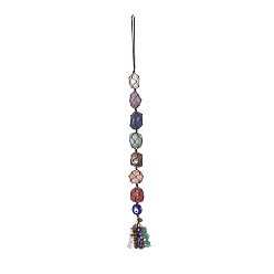 Coconut Brown 7 Chakra Nuggets Natural Gemstone Pocket Pendant Decorations, Nylon Thread and Gemstone Chip Tassel Hanging Ornaments, Coconut Brown, 340x22mm