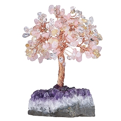 Rose Quartz Natural Rose Quartz & Quartz Crystal & Citrine Chips Tree of Life Decorations, Rough Raw Amethyst Base with Copper Wire Feng Shui Energy Stone Gift for Women Men Meditation, 89~101x114~152mm