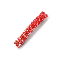 Red Glass Beaded Hair Barrettes, Curved Retangle Metal Hair Clips, Red, 90mm
