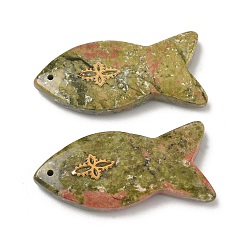Унакит Природные подвески Unakite, Подвески в виде рыбок с золотистым оттенком 304 кусочки цветов из нержавеющей стали, 39~41x18.8~19.5x6.5~7.2 мм, отверстие : 1.2 мм
