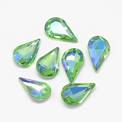 Light Green Pointed Back Glass Rhinestone Cabochons, Back Plated, Faceted, AB Color Plated, teardrop, Light Green, 13x8x4mm