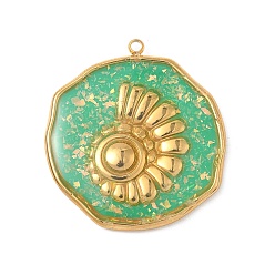 Spring Green 304 Stainless Steel Epoxy Resin with Natural Shell and Sequins Inside Pendants, Flat Round with Shell Shape Charms, Real 18K Gold Plated, PVD Vacuum Plating, Spring Green, 28x26x3mm, Hole: 1.5mm