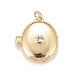 Clear Brass Micro Pave Cubic Zirconia Locket Pendants, Photo Frame Charms for Necklaces, Real 18K Gold Plated, Lead Free & Cadmium Free, Oval, Clear, 22x19.5x6.5mm, Hole: 3mm, Inner Diameter: 15x12mm