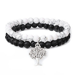 White pine + volcano Natural Stone Double Layer Bracelet with 6mm Beads and Tree of Life Pendant - Vintage Unisex Hand Jewelry
